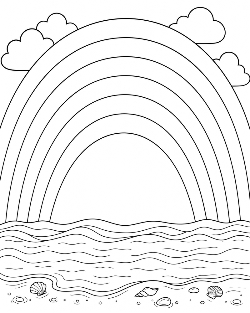 Beach with a sweeping rainbow after the storm coloring page
