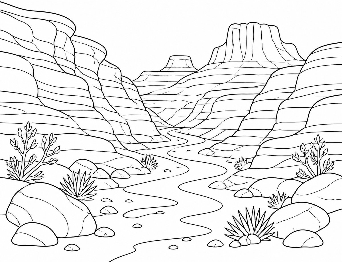 Desert canyon with rock strata coloring page